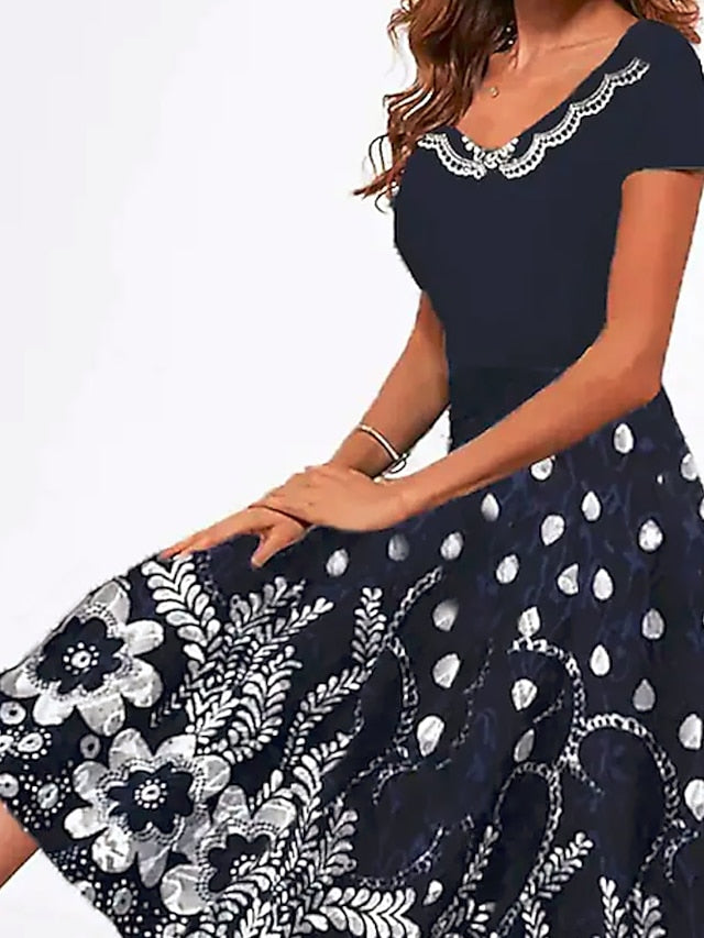 A Line Dress Midi Dress Blue Short Sleeve Print Print Spring Summer V Neck Casual  S M L XL XXL 3XL / Cotton for Women