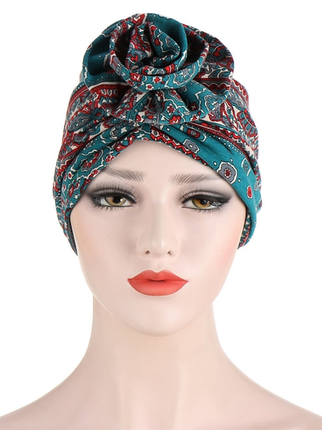 Ethnic Plaid Pattern Cashew Print Big Flower Headscarf Bonnet Women Turban Hat Turbante Femme Musulman India Hat Islamic Head Wrap Turban for Women