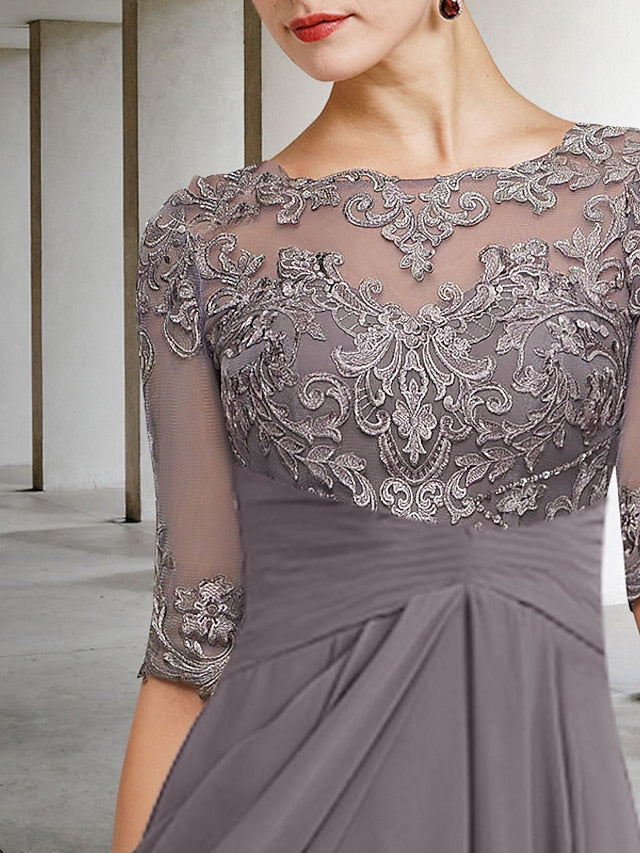 A-Line Mother of the Bride Dress Plus Size Elegant High Low V Neck Asymmetrical Ankle Length Chiffon Lace Half Sleeve with Beading Appliques 2023