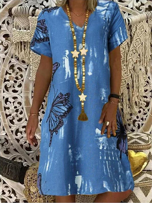 A Line Dress Knee Length Dress Blue Short Sleeve Butterfly Ruched Summer Spring V Neck Elegant  S M L XL XXL 3XL for Women