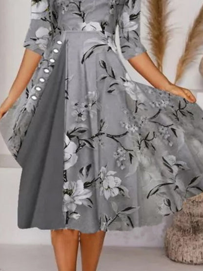 A Line Dress Knee Length Dress Gray Half Sleeve Floral Print Spring Summer Crew Neck Elegant Casual  S M L XL XXL 3XL for Women