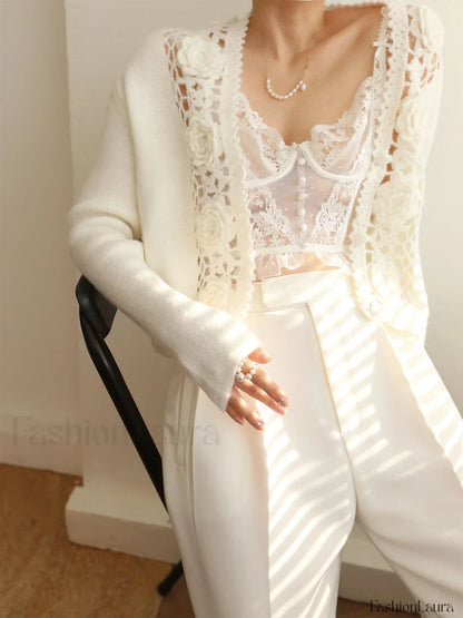 Knit Floral Crocheted Trendy Hollow V-neck Cardigan