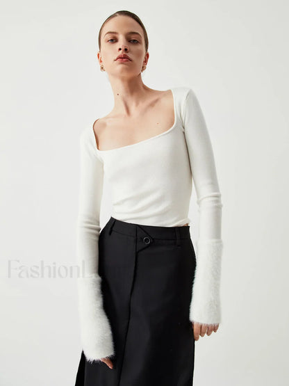 Knit Patchwork Fuzzy Cuff Modern Square Neck Long Sleeve Top