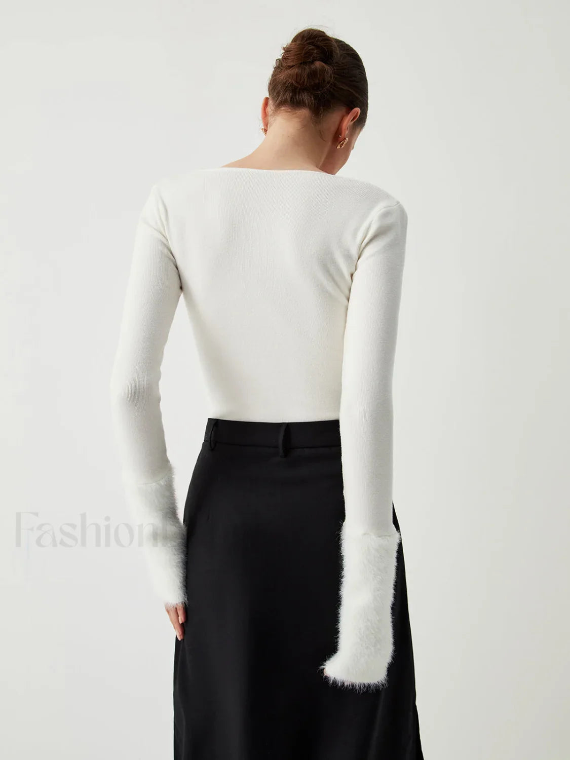 Knit Patchwork Fuzzy Cuff Modern Square Neck Long Sleeve Top