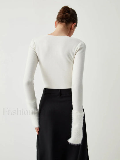 Knit Patchwork Fuzzy Cuff Modern Square Neck Long Sleeve Top