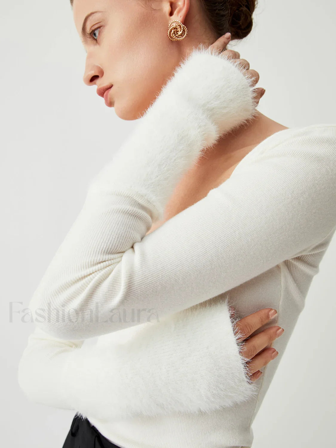 Knit Patchwork Fuzzy Cuff Modern Square Neck Long Sleeve Top