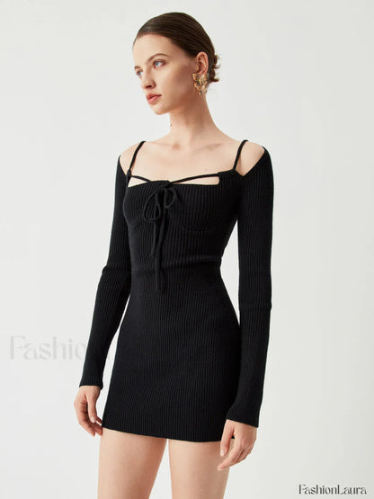 Knit Tied Cutout Long Modern Sleeve Short Sweater Dress