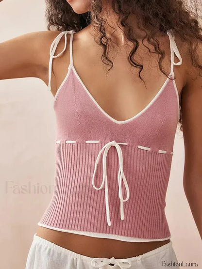 Knitted Contrast Tie-Up Crop Top