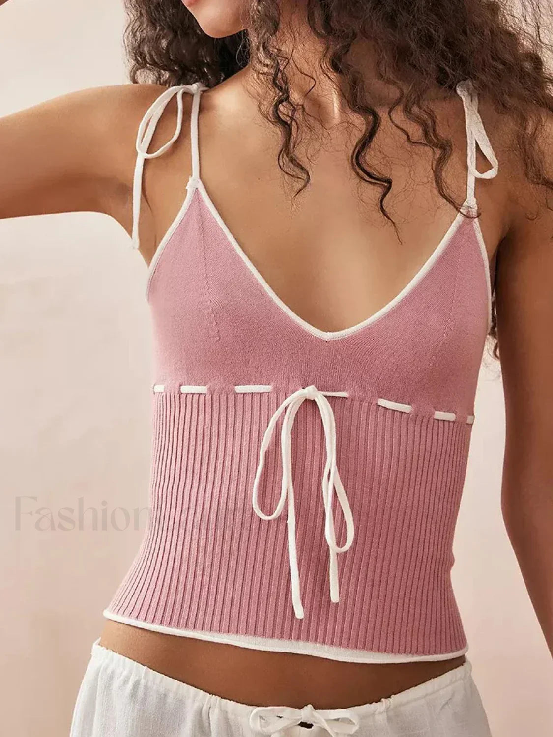 Knitted Contrast Tie-Up Crop Top