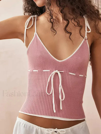 Knitted Contrast Tie-Up Crop Top