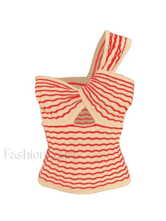 Knitted Stripe One Shoulder Tank Top