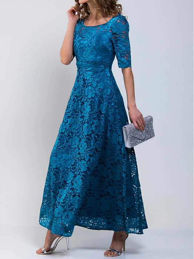 A Line Dress Maxi long Dress Royal Blue Lace Dress Half Sleeve Floral Solid Color Ruched Print Spring Summer Crew Neck Stylish Elegant  S-3XL for Women