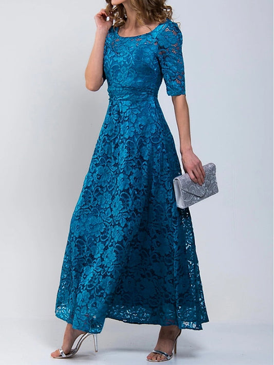 A Line Dress Maxi long Dress Royal Blue Lace Dress Half Sleeve Floral Solid Color Ruched Print Spring Summer Crew Neck Stylish Elegant  S-3XL for Women