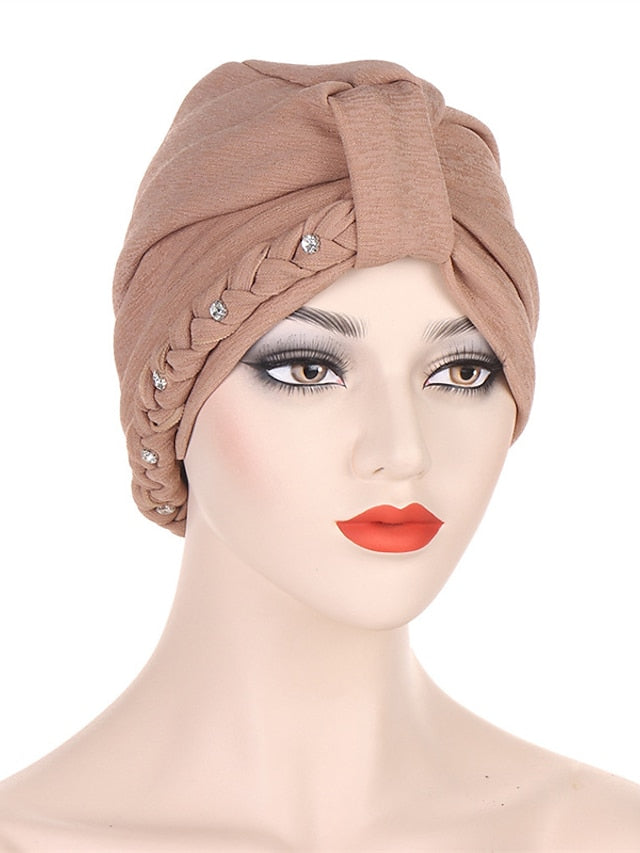 1PCS Trendy Two Dress Braid Turban Cap for Women with Crystal Muslim Head Wrap Islam Hijab Bonnet Hair Care Hat for Women