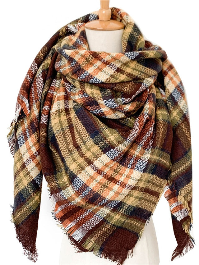 Square Scarf Shawls & Wraps Outdoor Dailywear Holiday White Brown Khaki Scarf Plaid for Women