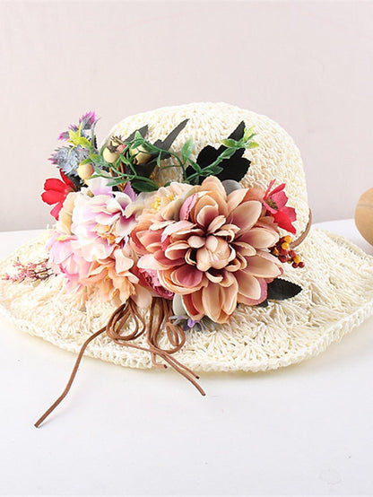 Hat Straw Hat Sun Hat Pink Khaki Navy Blue Party Outdoor Dailywear Floral Floral Portable Windproof Comfort for Women