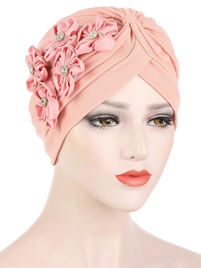 Elegant Women Five Flowers Turban Caps Muslim Elastic Crystal Party Headscarf Bonnet Ladies Hair Accessories Indian Cap for Women