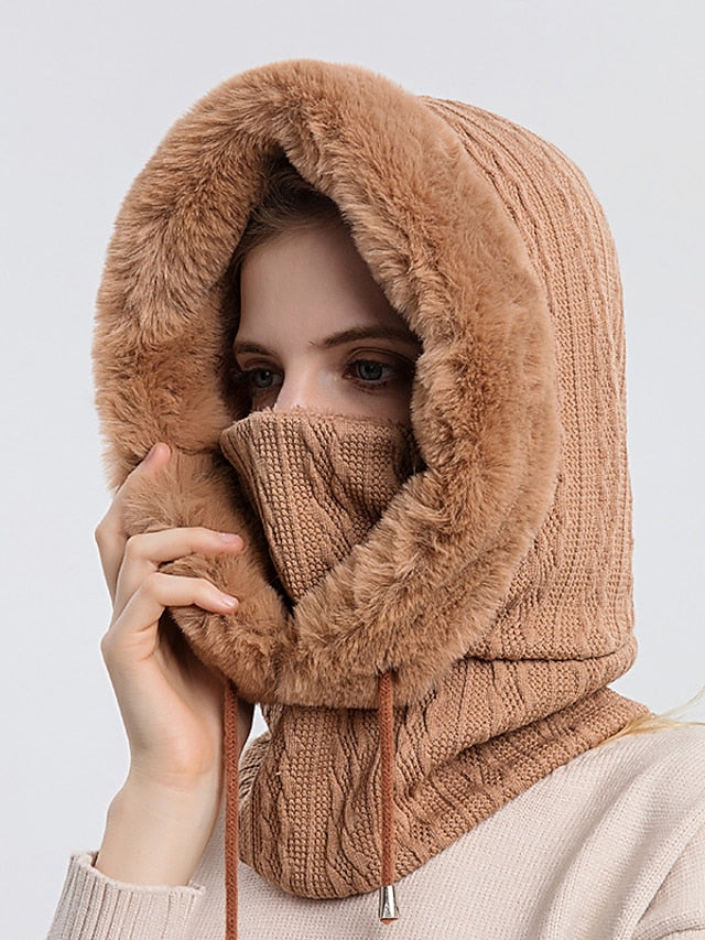 High Quality Winter Fur Cap Mask Set Hooded for Women Knitted Cashmere Neck Warm Outdoor Ski Windproof Hat Thick Plush Fluffy Beanies for Women