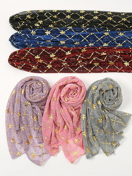 Long Style Plaid Scarf Women Shimmer Hijab Gold Shiny Shawl Glitter Headband Female Muslim Hijab for Women