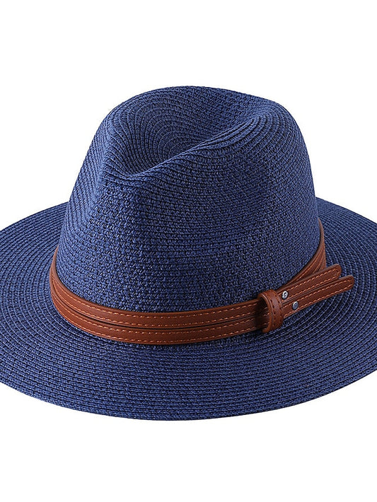 1pcs New Panama Soft Shaped Straw Hat Summer Women/Men Wide Brim Beach Sun Cap Uv Protection Fedora Hat Head Circumference 56-58cm for Women