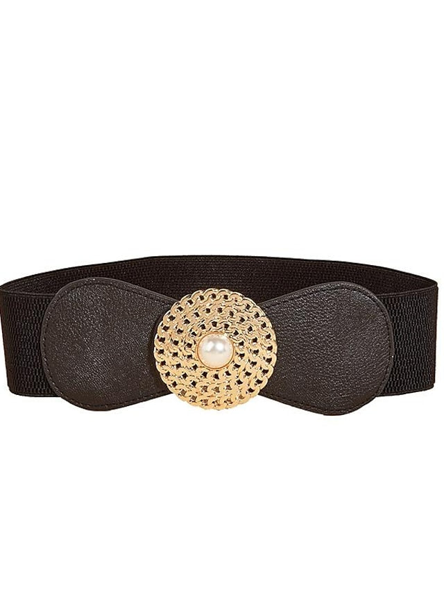 round buckle chain elastic elastic girdle female outer suit dress pearl disc black retro belt for Women