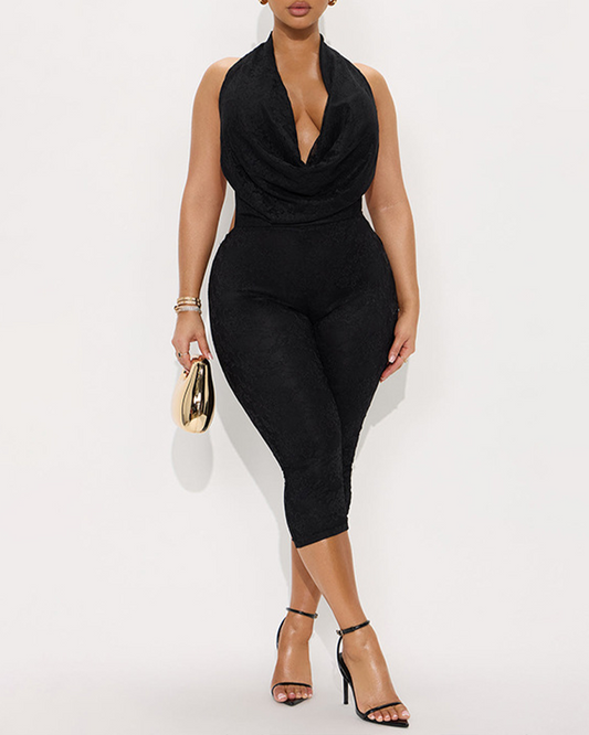 Lace Halterneck Backless Slim-Fit Jumpsuit