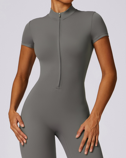 Zippered Short-Sleeved Slim-Fit Jumpsuit