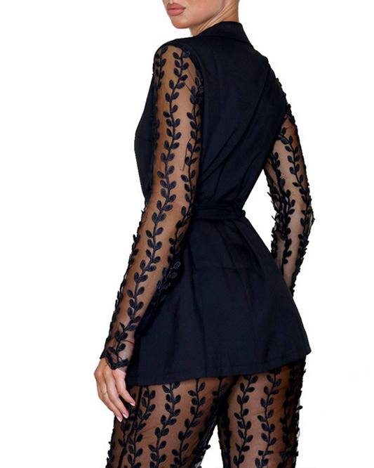 Lace Long-Sleeved Top Flared Pants Suit
