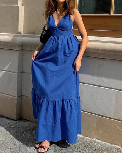 Blue Cotton and Linen V-Neck Halter Back Dress