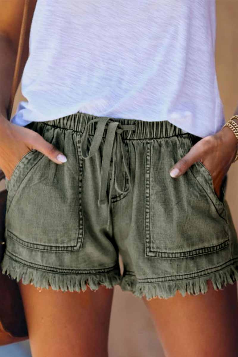 Lace-up Fringed Thin Denim Shorts