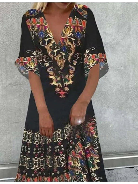 A Line Dress Maxi long Dress Black Short Sleeve Print Color Block Ruched Ethnic Tribal Print Spring Summer V Neck Stylish Modern  S-3XL for Women