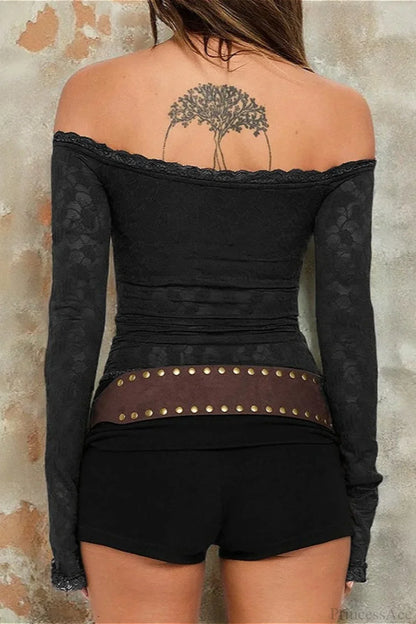 Lace Fitted Sexy Solid Long Sleeve Tee