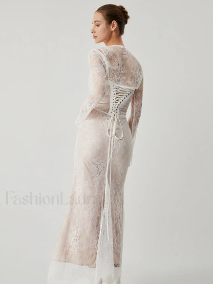 Lace Jacquard Floral Trendy Semi-sheer Tied Maxi Dress