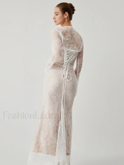 Lace Jacquard Floral Trendy Semi-sheer Tied Maxi Dress