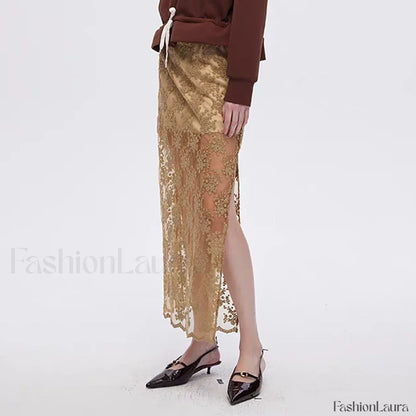 Lace Mesh Side Slit Crochet Skirt