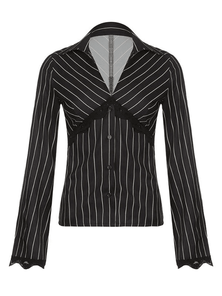 Lace Paneled Long Sleeve Striped Blouse