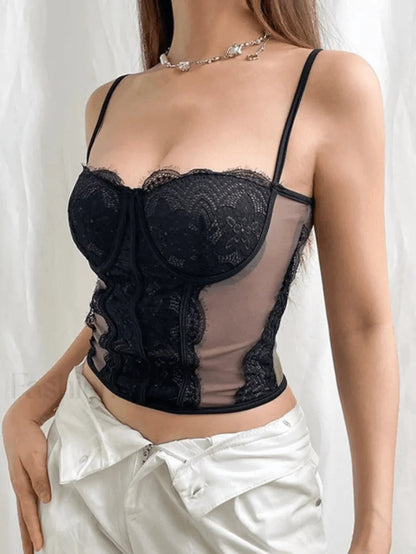 Lace Paneled Mesh Corset Top