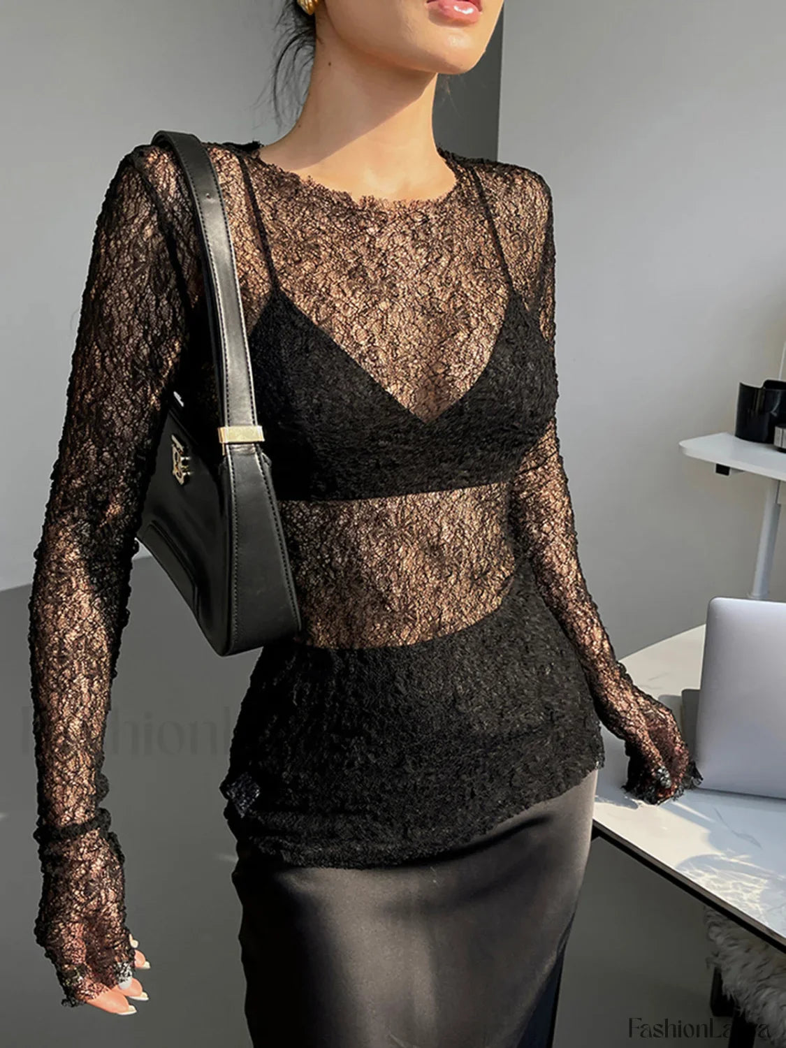 Lace Raw Hem Crew Modern Neck Long Sleeve Top