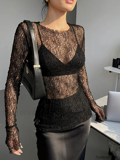 Lace Raw Hem Crew Modern Neck Long Sleeve Top