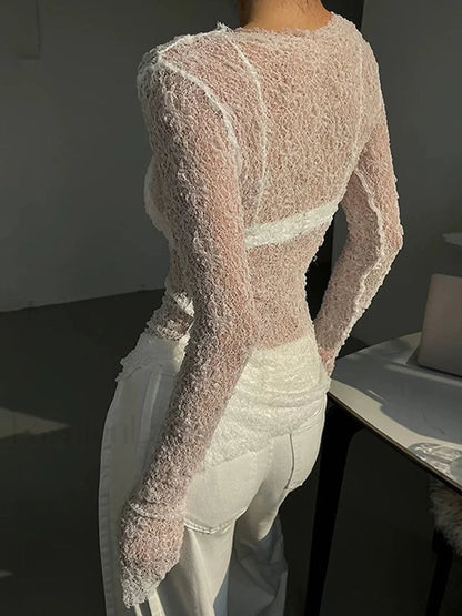 Lace Raw Hem Crew Modern Neck Long Sleeve Top