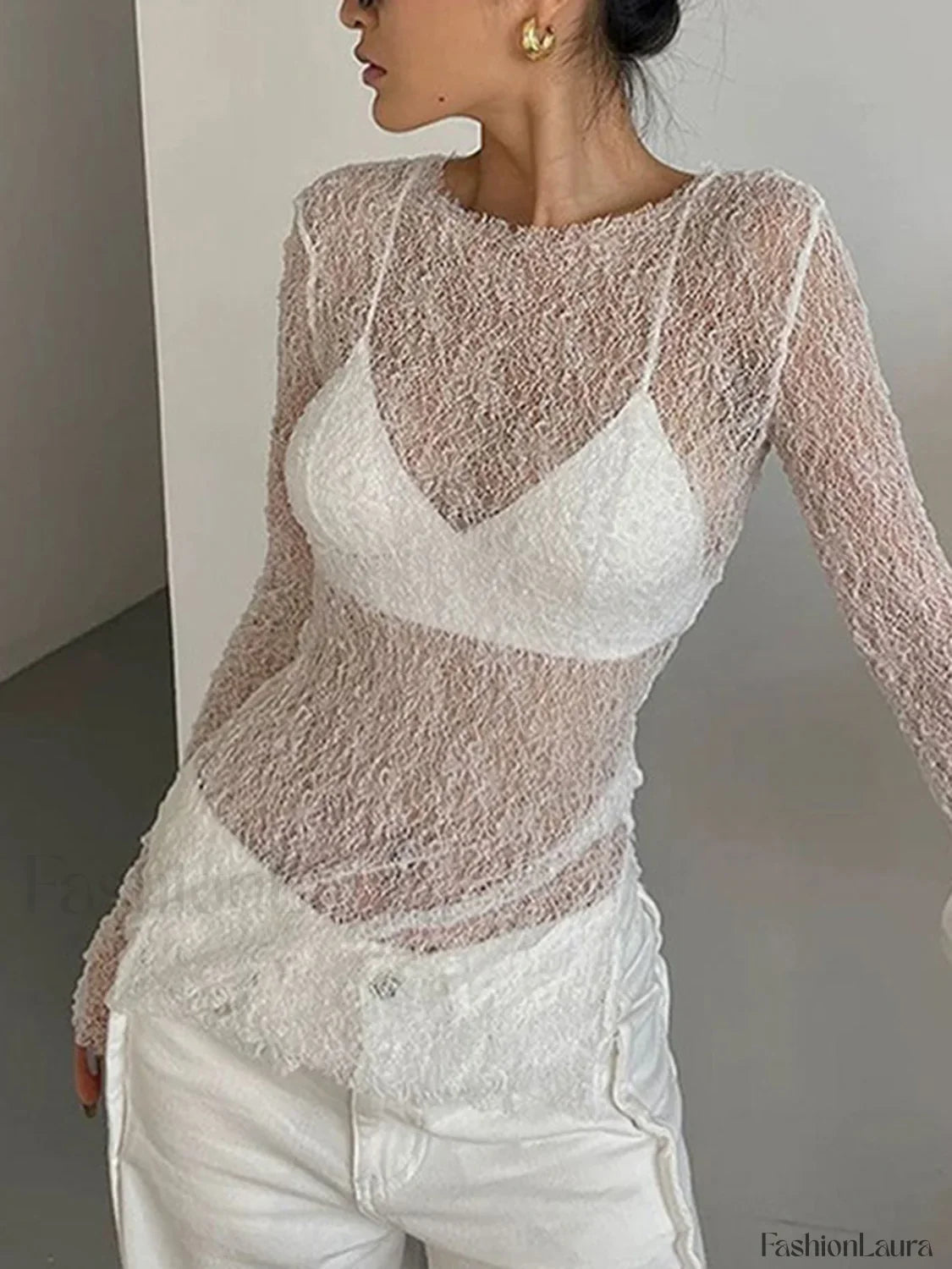 Lace Raw Hem Crew Modern Neck Long Sleeve Top