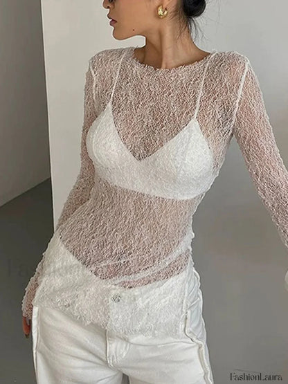 Lace Raw Hem Crew Modern Neck Long Sleeve Top