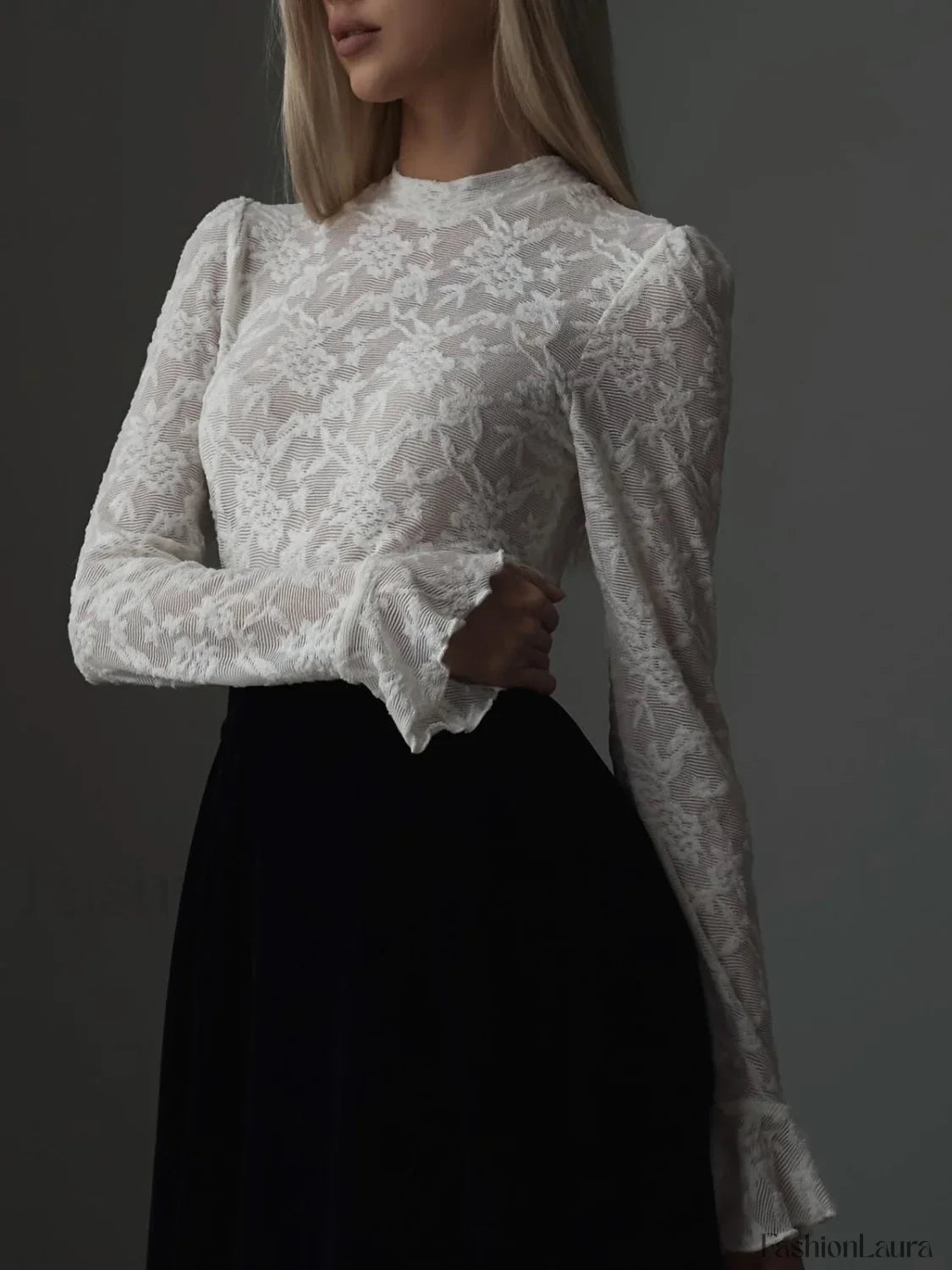 Lace Ruffle Cuff Trendy Long Sleeve Shirt