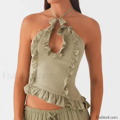 Lace Ruffle Halter Crop Top