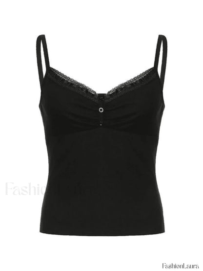 Lace Trim Black Ribbed Cami Top