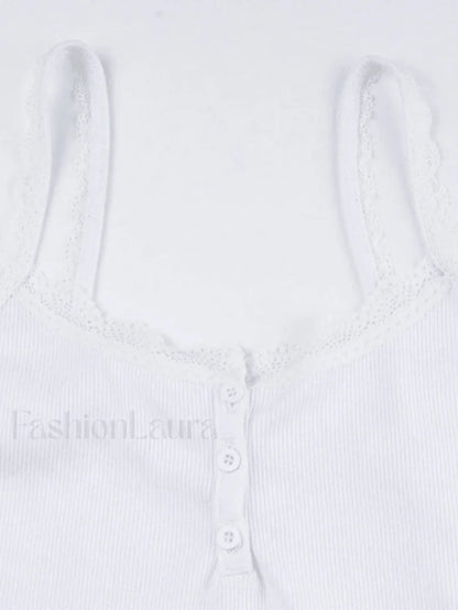 Lace Trim Button-Up Ribbed Crop Cami Top