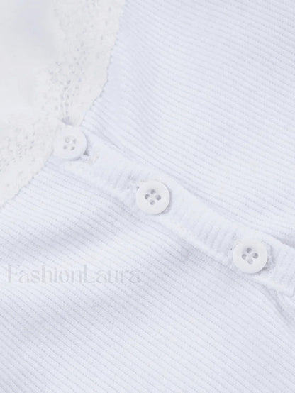 Lace Trim Button-Up Ribbed Crop Cami Top