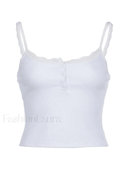 Lace Trim Button-Up Ribbed Crop Cami Top