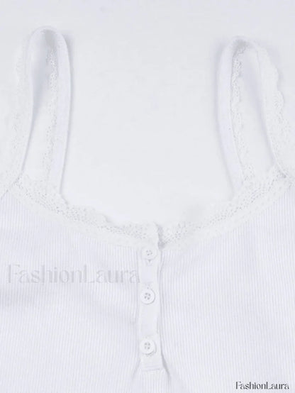 Lace Trim Button-Up Ribbed Crop Cami Top