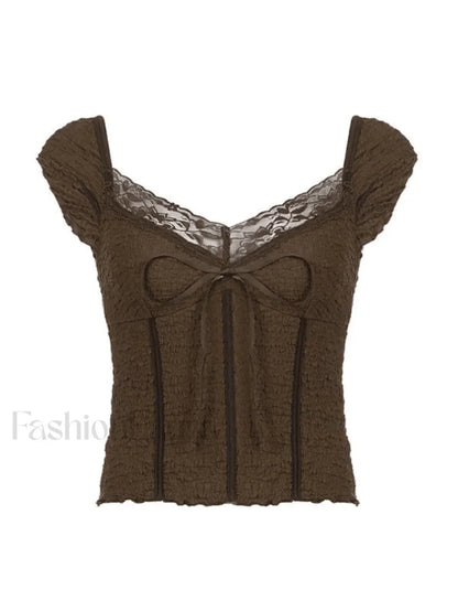 Lace Trim Crinkle Cropped Blouse